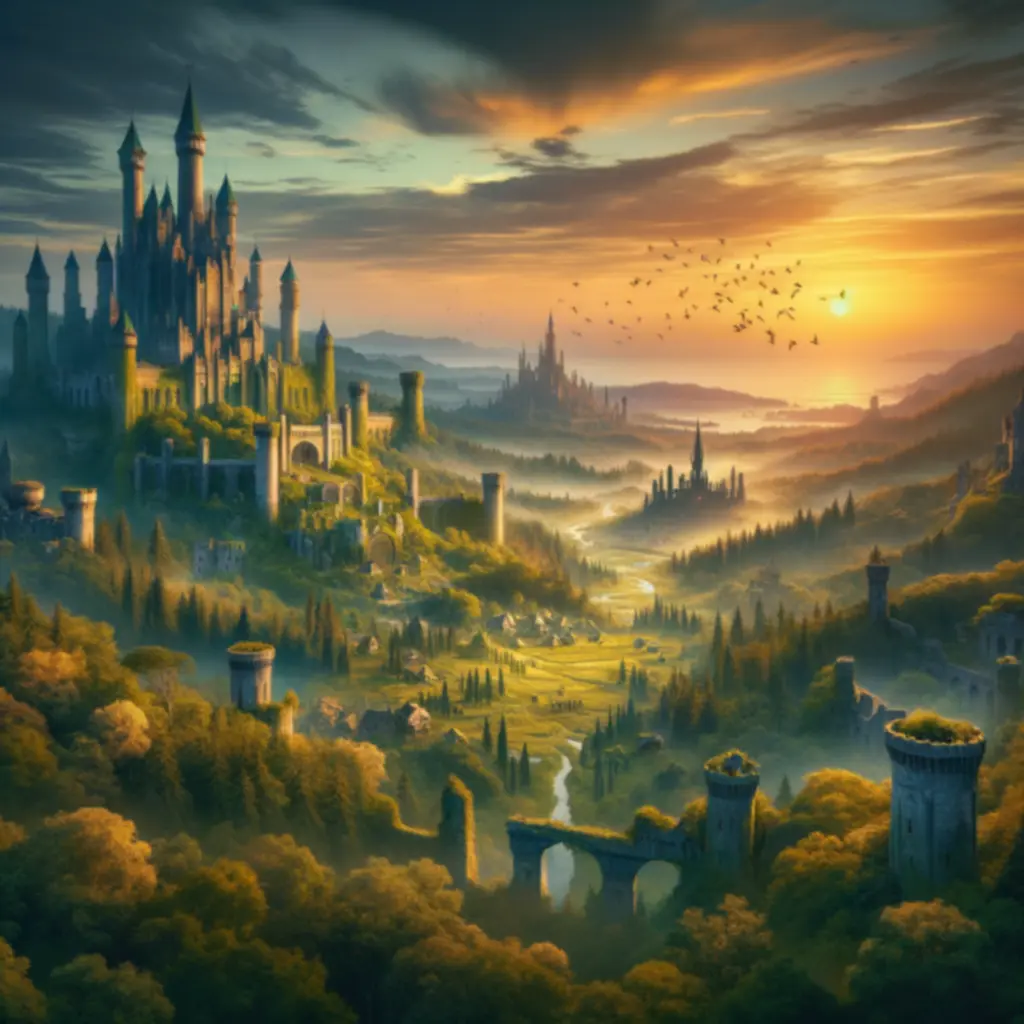Krajobraz Tamriel – zachód słońca nad jeziorami